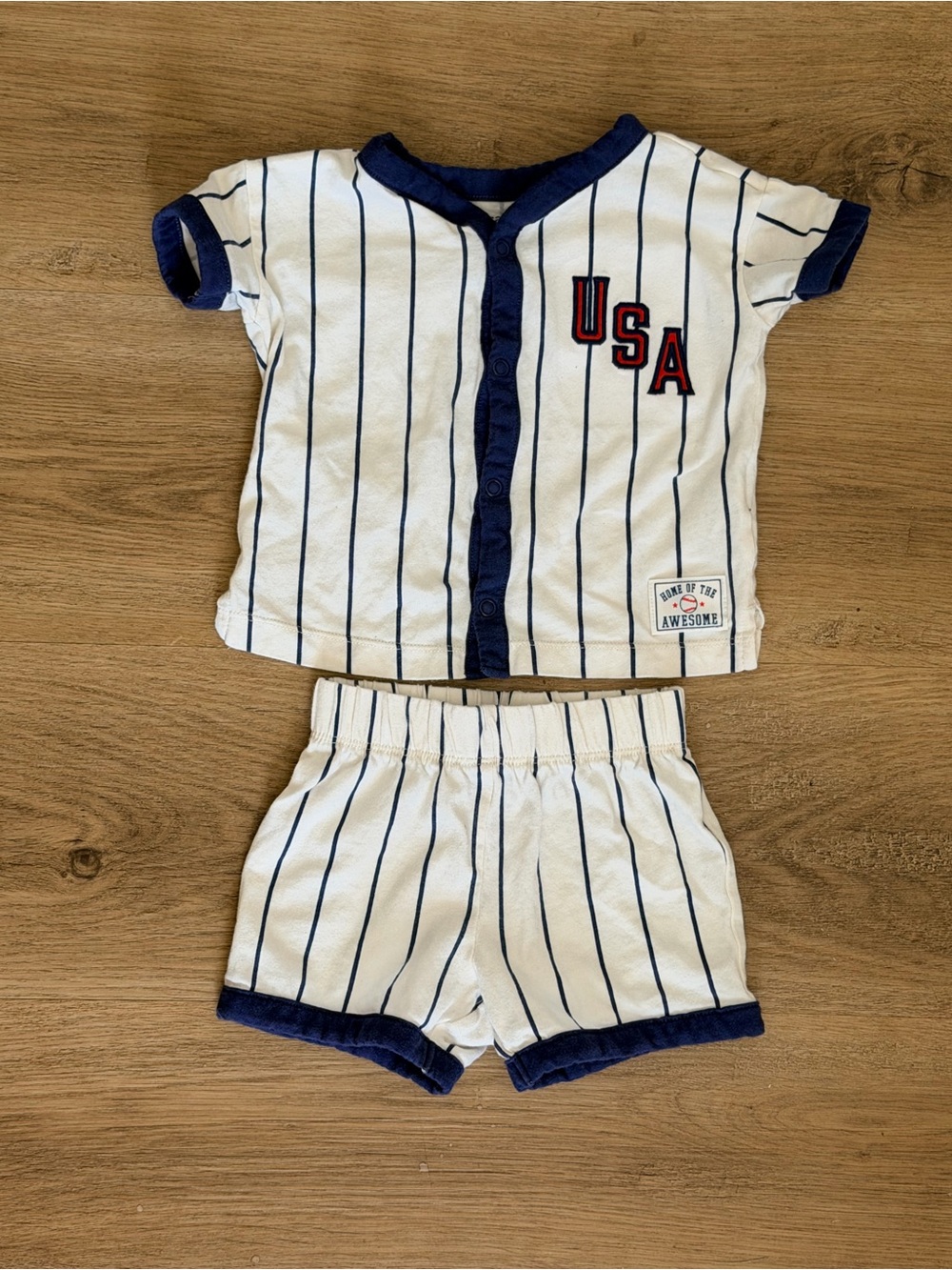 USA Stripe Button-Front 6 Month Baby Baseball Outfit - White and Navy